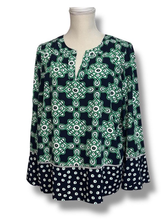 crown & ivy Tops - Crown & Ivy Navy Kelly Green Geometric Print Split Neck Bell Sleeve Blouse Large